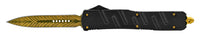 FPSTACTICAL Pinion Compact OTF Knife Black with Dual Edge Gold Blade and Feather Etching 3.5"