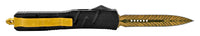 FPSTACTICAL Pinion Compact OTF Knife Black with Dual Edge Gold Blade and Feather Etching 3.5"