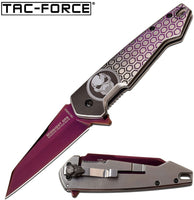 Tac-Force Wharncliffe Punisher Spring Assisted Rescue Knife Purple / Silver w Embossed Skull