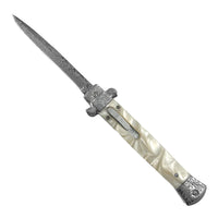 FPSTACTICAL Eclectic Automatic OTF Switchblade Stiletto Knife White Marble w/ Damascus 5"