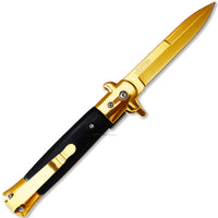 Falcon Mirror Finish Golden Spring Assist Stiletto Knife w Black Ash Wood Scales 3.75"