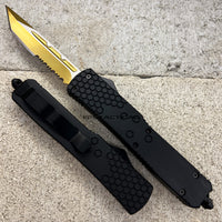 FPSTACTICAL Sieve OTF Knife Black Gold & Silver w Serrated Tanto Blade and Rubberized Handle 3.5"