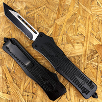 FPSTACTICAL Allotrope Tanto OTF Knife Black & Silver Two Tone Partial Serrated Blade and Diamond Texture Aluminum Handle 3.5"