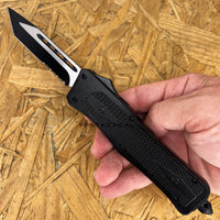 FPSTACTICAL Allotrope Tanto OTF Knife Black & Silver Two Tone Partial Serrated Blade and Diamond Texture Aluminum Handle 3.5"