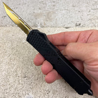 FPSTACTICAL Sieve OTF Knife Black Gold & Silver w Serrated Tanto Blade and Rubberized Handle 3.5"