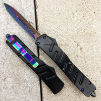 FPSTACTICAL Coruscate Compact OTF Knife Black with Dual Edge Damascus Iridescent Blade 3.5"