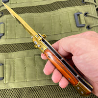 FPSTACTICAL Flaxen Italian Style Stiletto Switchblade Mirror / Gold with Cherry PakkaWood Inlays 4"