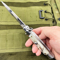 FPSTACTICAL Perolado Italian Style Stiletto Switchblade Mirror Chrome w White Marble / Pearlex Scales 4"