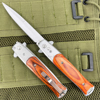 FPSTACTICAL Arbres Satin Silver and Pakkawood Switchblade Stiletto Knife 4"