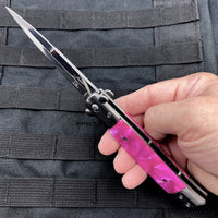 Falcon KS6008CPK Classic Mirror / Chrome and Pink Marble / Pearlex Spring Assisted Stiletto Knife 4"