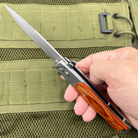 FPSTACTICAL Arbres Satin Silver and Pakkawood Switchblade Stiletto Knife 4"