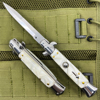FPSTACTICAL Perolado Italian Style Stiletto Switchblade Mirror Chrome w White Marble / Pearlex Scales 4"