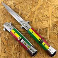 FPSTACTICAL Bahai Italian Style Stiletto Switchblade Mirror / Chrome with Rasta Marijuana Scales 4"