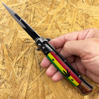 FPSTACTICAL Bahai Italian Style Stiletto Switchblade Mirror / Chrome with Rasta Marijuana Scales 4"