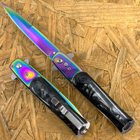 FPSTACTICAL Kapnos Iridescent on Black / Smoke Pearlex Switchblade Stiletto Knife 4"