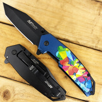 MTech USA Embossed Flower Black and Blue Rainbow Multi-Color Tactical Spring Assisted Knife 4"