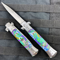 FPSTACTICAL Hydra Mirror Chrome Silver with Dragon Inlay Switchblade Stiletto Knife 4"