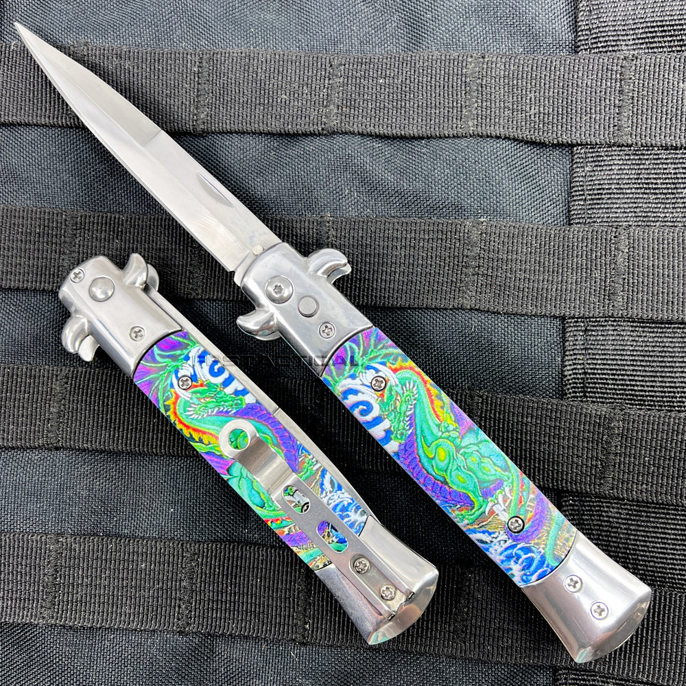 FPSTACTICAL Hydra Mirror Chrome Silver with Dragon Inlay Switchblade Stiletto Knife 4