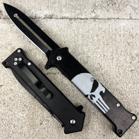 Pacific Solutions Punisher Skull Joker Style Spring Assisted Stiletto Knife Black 3.75"