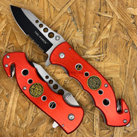 Tac-Force Fire Fighter Spring Assisted Tactical Rescue Knife w/ Glass Breaker & Seat Belt Cutter Red & Black 3.25"