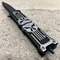 Falcon 3D Molded Punisher Skull Spring Assist Stiletto Knife Black & Exposed Silver Stainless Steel 3.5"
