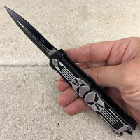Falcon 3D Molded Punisher Skull Spring Assist Stiletto Knife Black & Exposed Silver Stainless Steel 3.5"