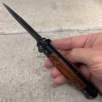 Falcon Black Spring Assisted Classic Style Stiletto Knife w Cherry Wood Scales 3.75"