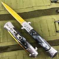 FPSTACTICAL Pallid II Italian Style Stiletto Switchblade Gold with Black Marble / Pearlex Inlays 4"
