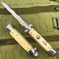 FPSTACTICAL Argent Curved Kris Blade Italian Style Stiletto Switchblade Mirror / Chrome with White Ivory / Pearlex Scales 4"