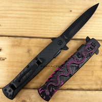 Falcon Black and Pink Dragon Fire Spring Assisted Stiletto Knife with Textured Dragon & Scales 4"