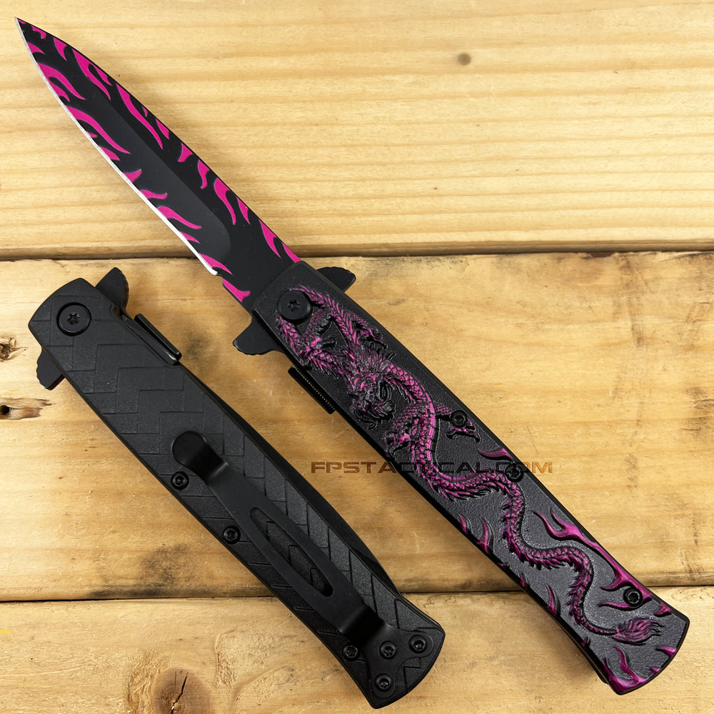 Falcon Black and Pink Dragon Fire Spring Assisted Stiletto Knife with Textured Dragon & Scales 4
