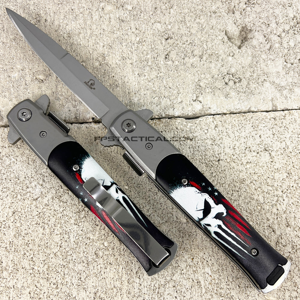 Falcon Punisher Skull Spring Assisted Stiletto Pocket Knife Silver w Black & Red USA Flag Scales 3.75