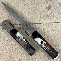 Falcon Punisher Skull Spring Assisted Stiletto Pocket Knife Silver w Black & Red USA Flag Scales 3.75"
