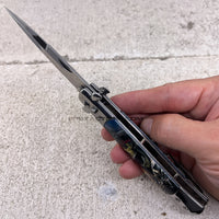 FPSTACTICAL Corsair Mirror Chrome & Silver with Tattered Pirates Skull Inlay Switchblade Stiletto Knife 4"