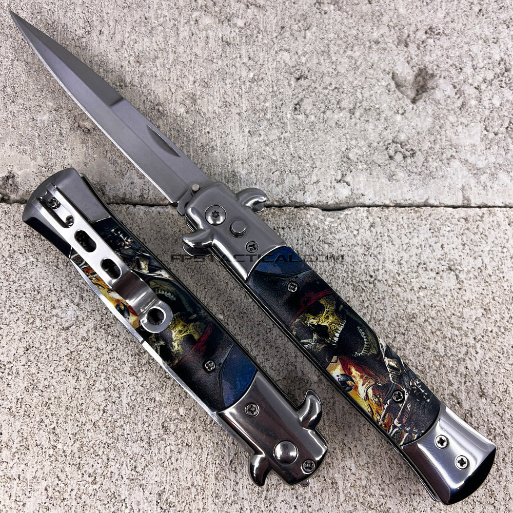 FPSTACTICAL Corsair Mirror Chrome & Silver with Tattered Pirates Skull Inlay Switchblade Stiletto Knife 4