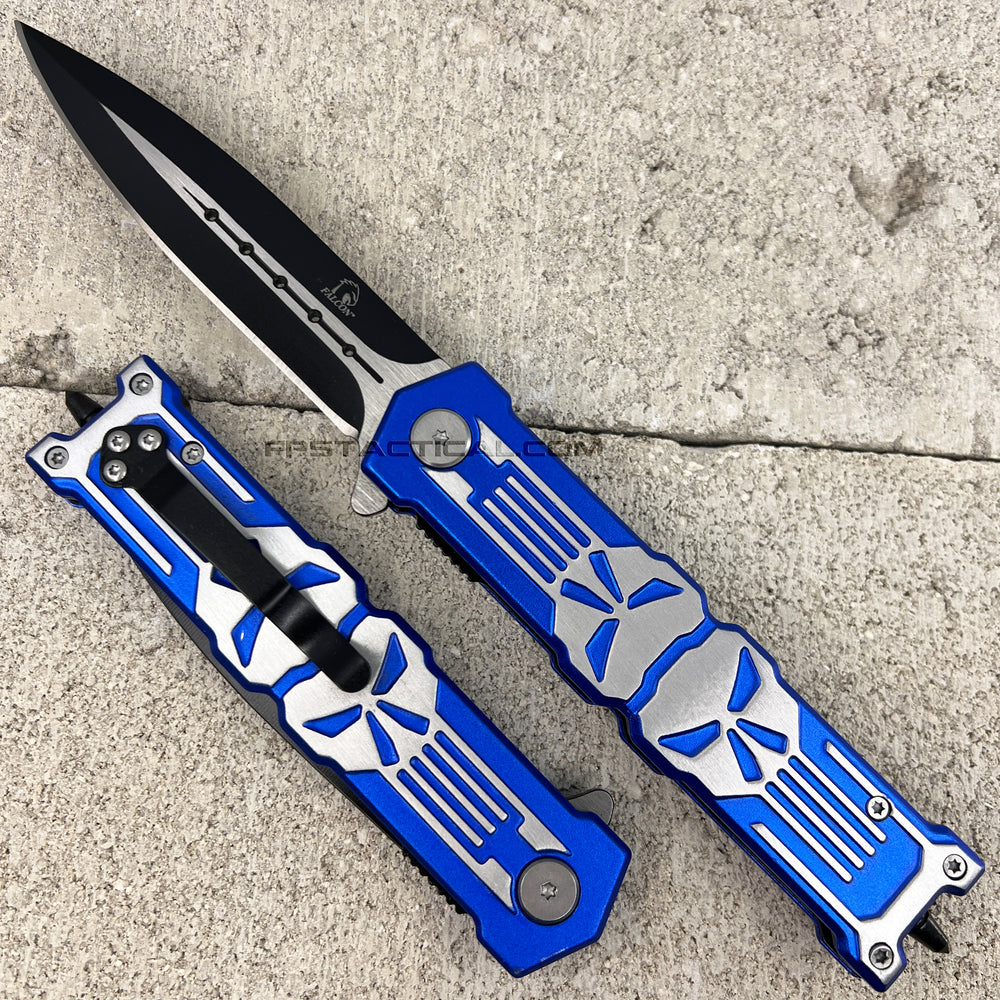 Falcon 3D Molded Punisher Skull Spring Assist Stiletto Knife Black & Blue Exposed Stainless Steel 3.5