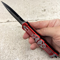 Falcon 3D Molded Punisher Skull Spring Assist Stiletto Knife Black & Red Exposed Stainless Steel 3.5"