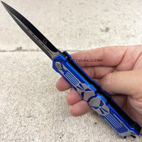 Falcon 3D Molded Punisher Skull Spring Assist Stiletto Knife Black & Blue Exposed Stainless Steel 3.5"