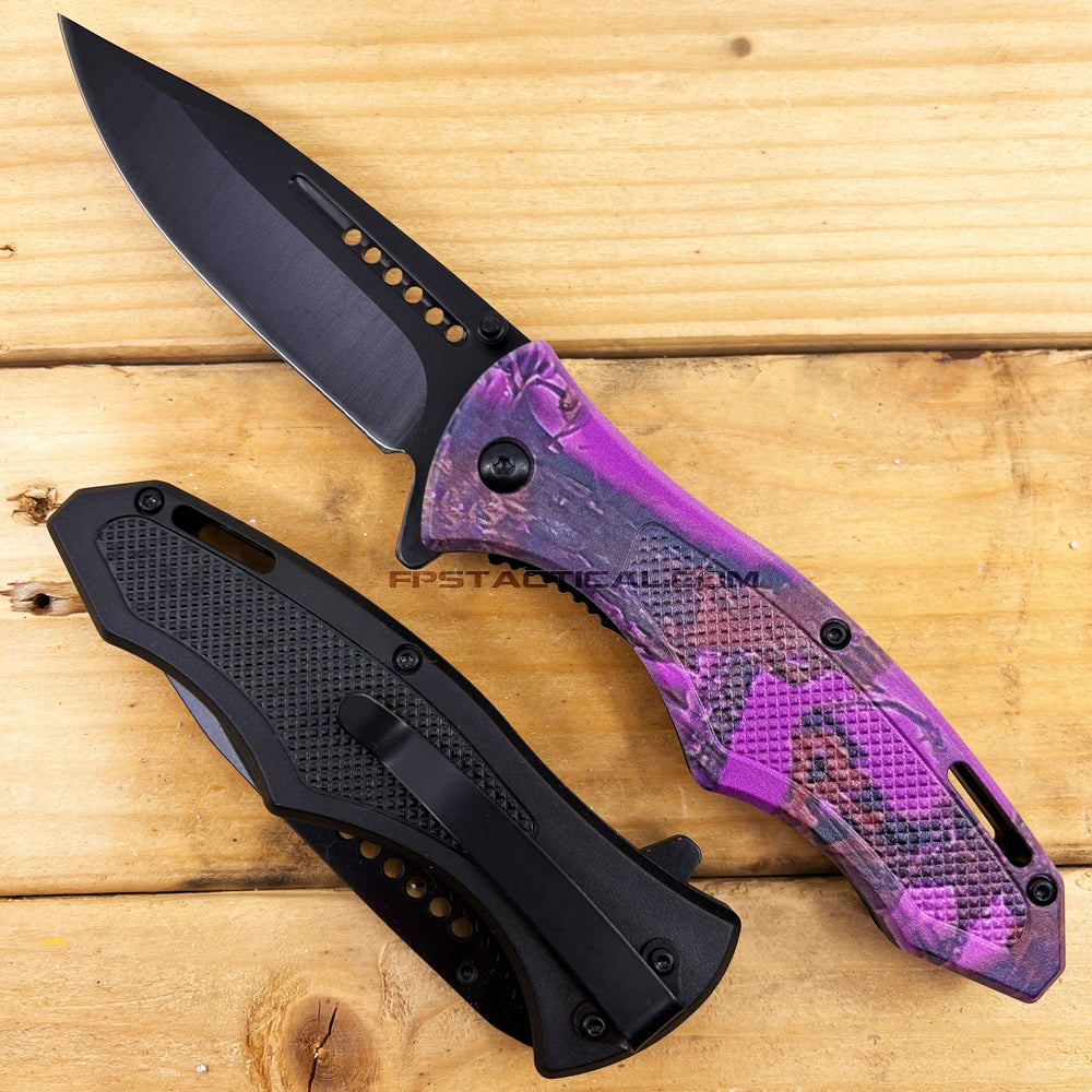 Pacific Solutions Purple Snowblind Wooded Camouflage Black Spring Assisted Hunters Knife 3