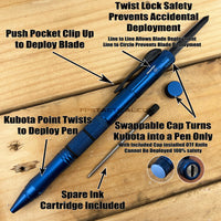FPSTACTICAL Kuboton Compact OTF Tactical Pen Knife Blue with Dual Edge Black Blade 1.75"