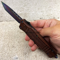 FPSTACTICAL Obstinate OTF Knife Faux Wood & Iridescent (Rainbow) w Tanto Style Damascus Blade 3.5"