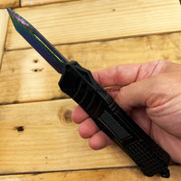 FPSTACTICAL Tonic II OTF Knife Black with Tanto Iridescent ( Multi-Color / Rainbow ) Blade 3.5"