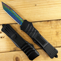 FPSTACTICAL Tonic II OTF Knife Black with Tanto Iridescent ( Multi-Color / Rainbow ) Blade 3.5"