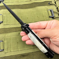 Falcon Matte Black Spring Assisted Stiletto Knife with White Pearlex / Marble Scales 3.75"