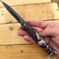 Pacific Solutions USA Spring Assisted Stiletto Knife Black w Bald Eagle & American Flag Scales 4"