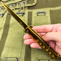 Falcon Elite Series Mirror Finish Gold Spring Assisted Stiletto Knife 4"