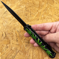 Pacific Solutions Cannabis Spring Assisted Stiletto Knife Black w Marijuana Leaf Scales 4"