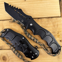 Falcon Elite Matte Black Spring Assisted Survival Knife w Tanto Blade and Paracord 3.75"