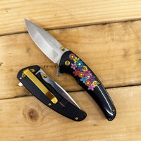 Dark Side Femme Fatale Compact Black / Chrome / Gold w Multi-Color Embossed Flowers Spring Assisted Fantasy Pocket Knife