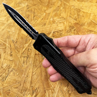 FPSTACTICAL Pitch Dual Edge Spear Tip OTF Knife Black & Silver Two Tone w Partial Serrated Blade and Diamond Texture Aluminum Handle 3.75"